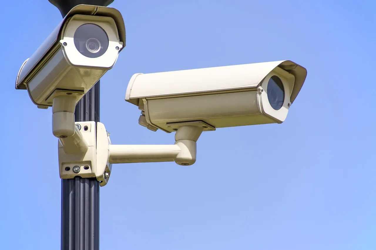 Two security cameras mounted on a pole against a clear sky, illustrating layered camera-based surveillance