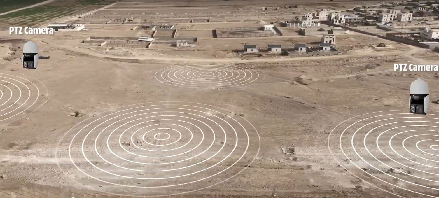 Aerial diagram of the archaeological site showing PTZ cameras and overlapping seismic sensor detection zones