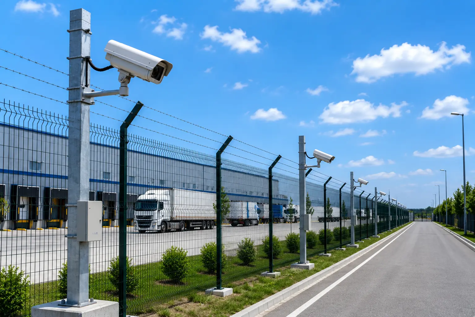 Row of CCTV cameras along an industrial perimeter fence