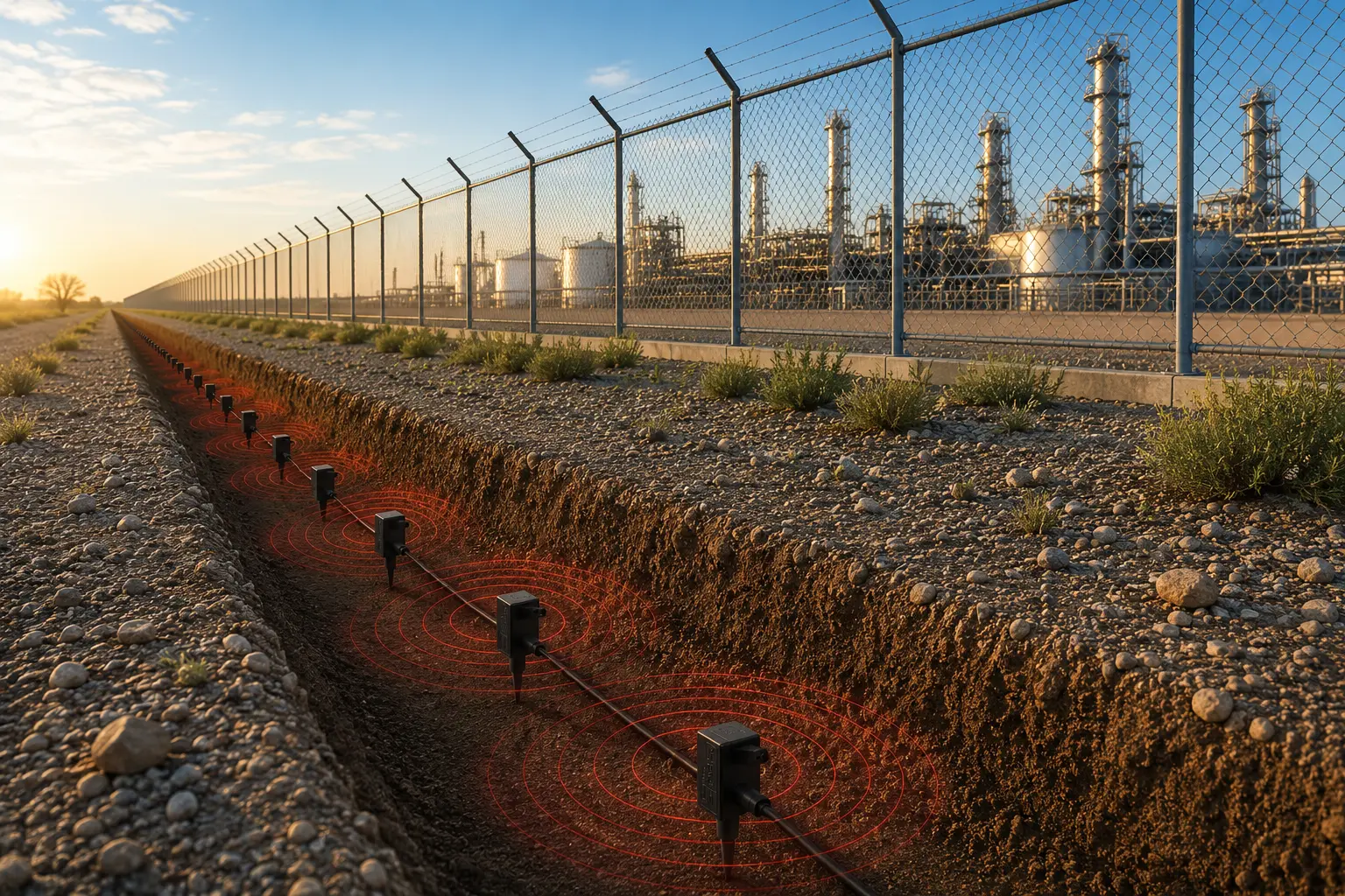 Cross-section of buried seismic perimeter intrusion detection sensors underground
