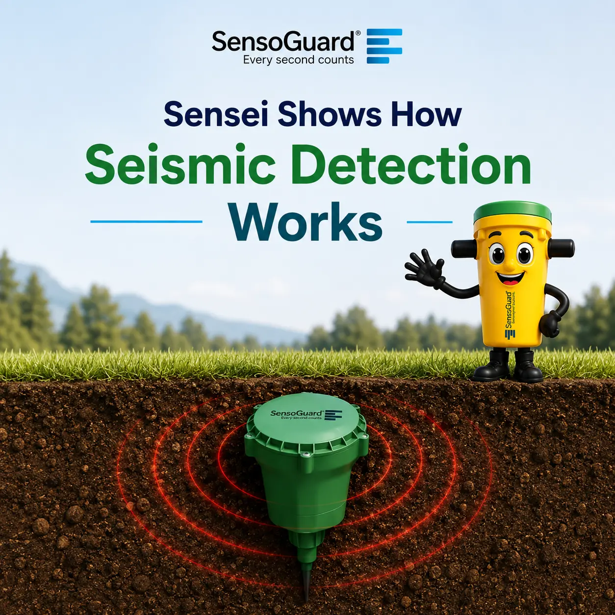 Sensei, the SensoGuard mascot, next to a buried seismic sensor shown underground in cross-section