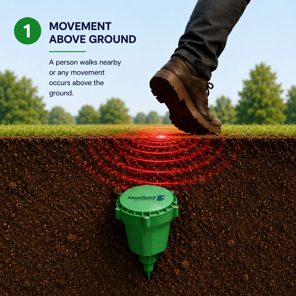 Sensei slide: Movement Above Ground, showing a person's footstep about to disturb the ground above a buried sensor