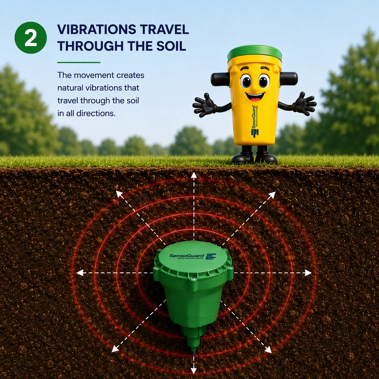 Sensei slide: Vibrations Travel Through the Soil, showing vibration waves spreading outward from a footstep to a buried sensor