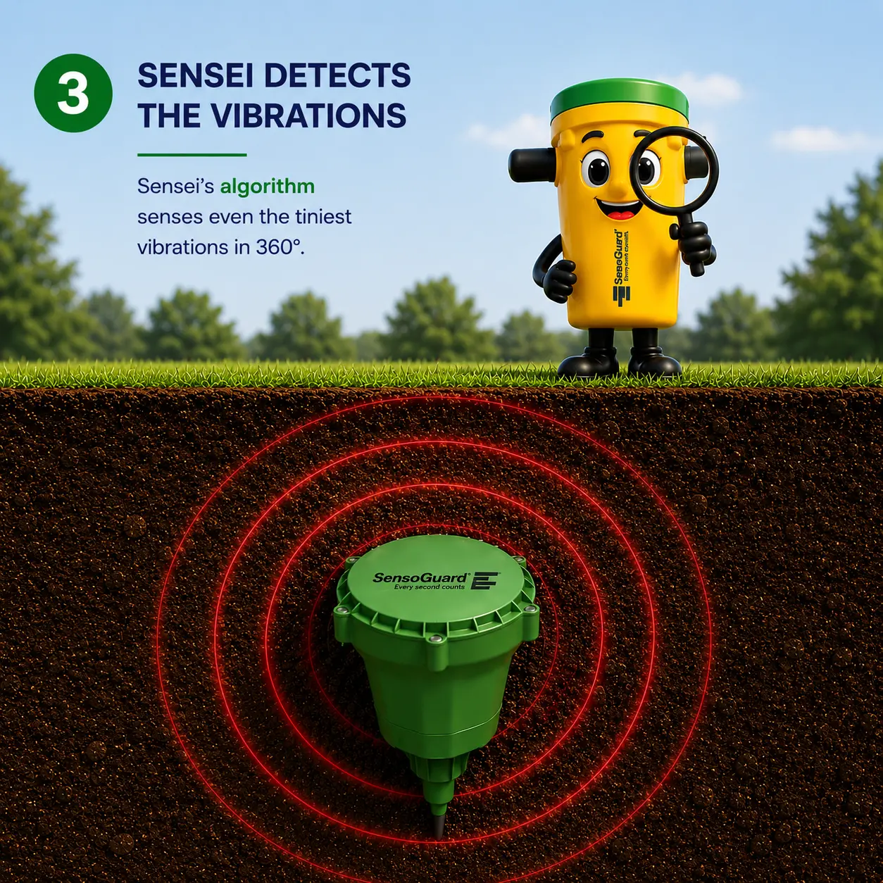 Sensei slide: Sensei Detects the Vibrations, showing 360-degree vibration sensing around a buried sensor