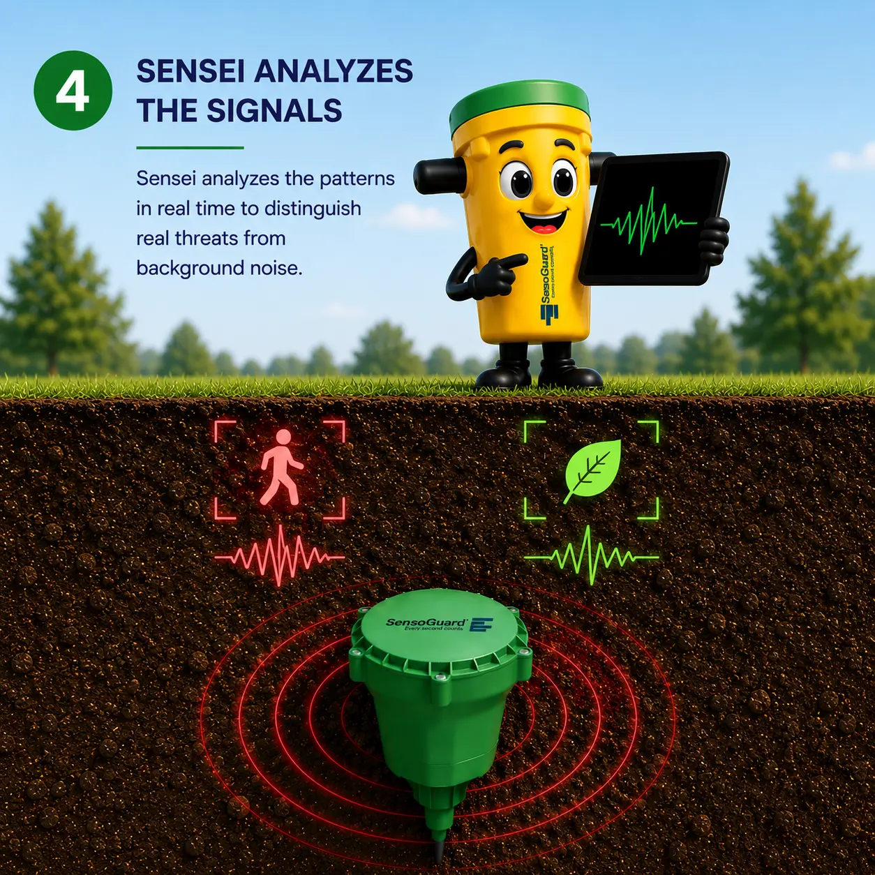 Sensei slide: Sensei Analyzes the Signals, showing a footstep pattern flagged as a threat and a leaf pattern flagged as background noise