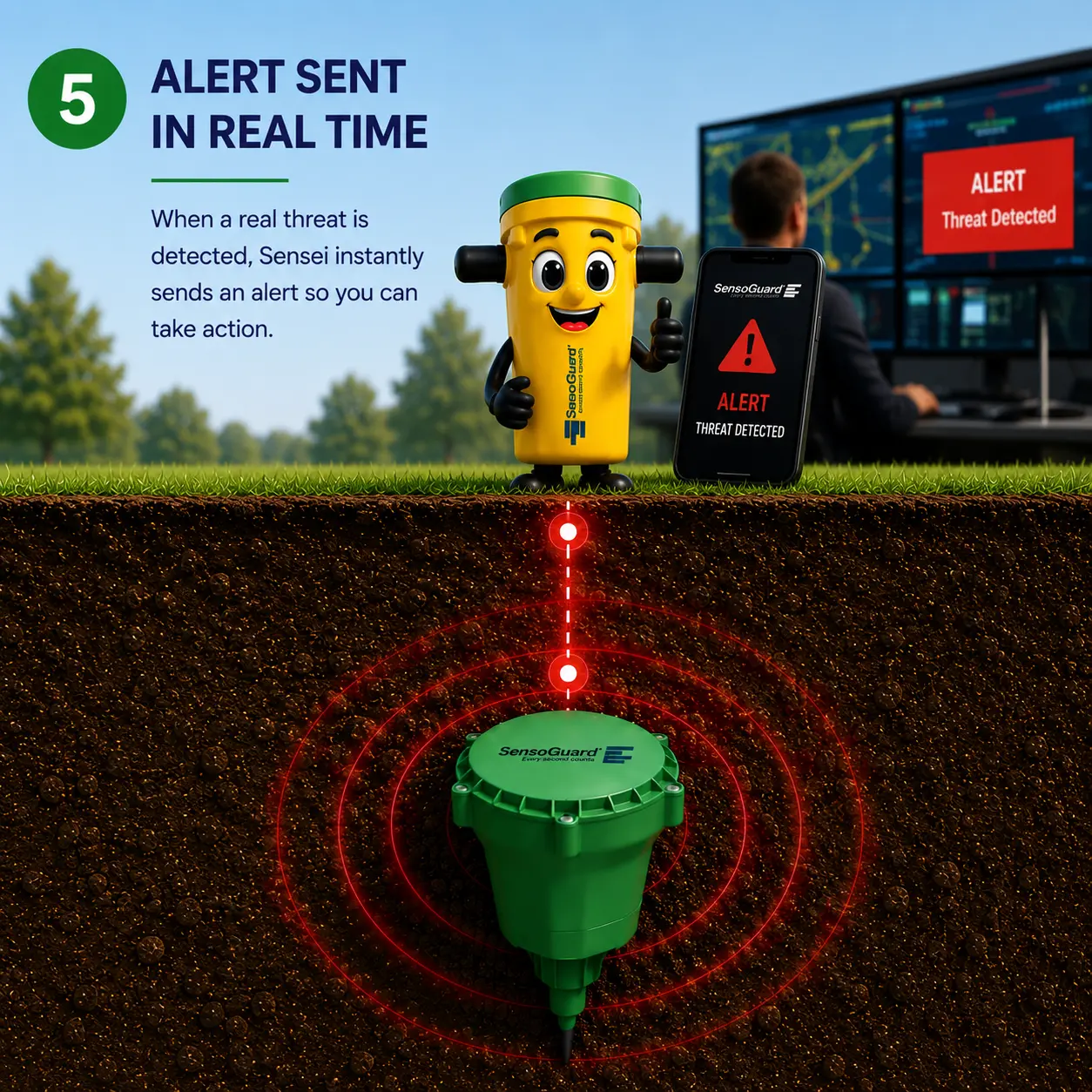Sensei slide: Alert Sent in Real Time, showing a real-time threat alert on a phone and control room monitor