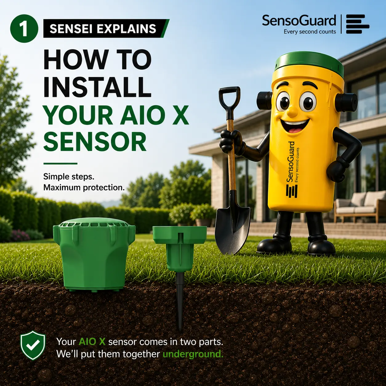 Sensei, the SensoGuard mascot, holding a shovel next to the two parts of the AIO X sensor