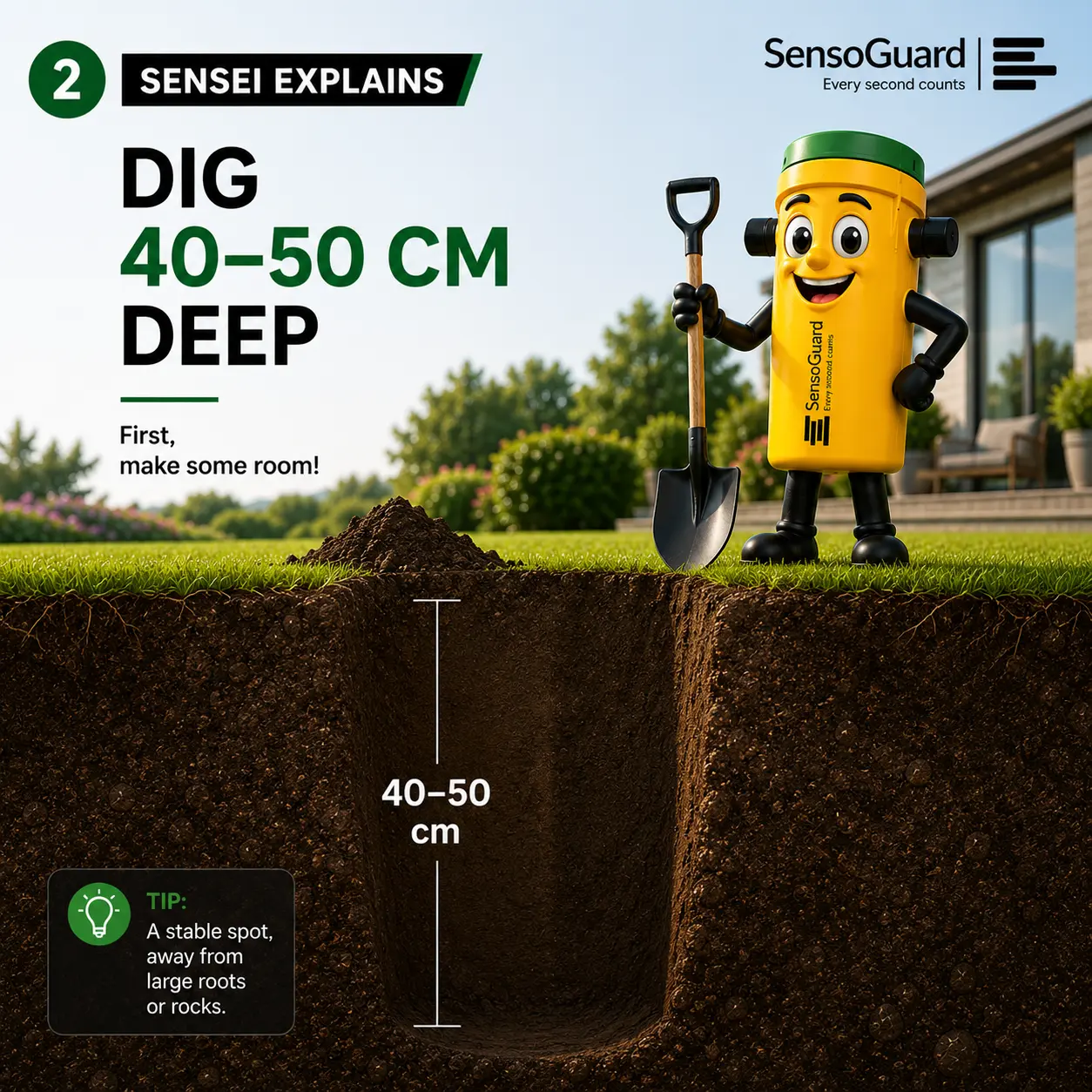 Sensei slide: Dig 40–50 cm deep, showing a hole dug in a lawn with the depth marked