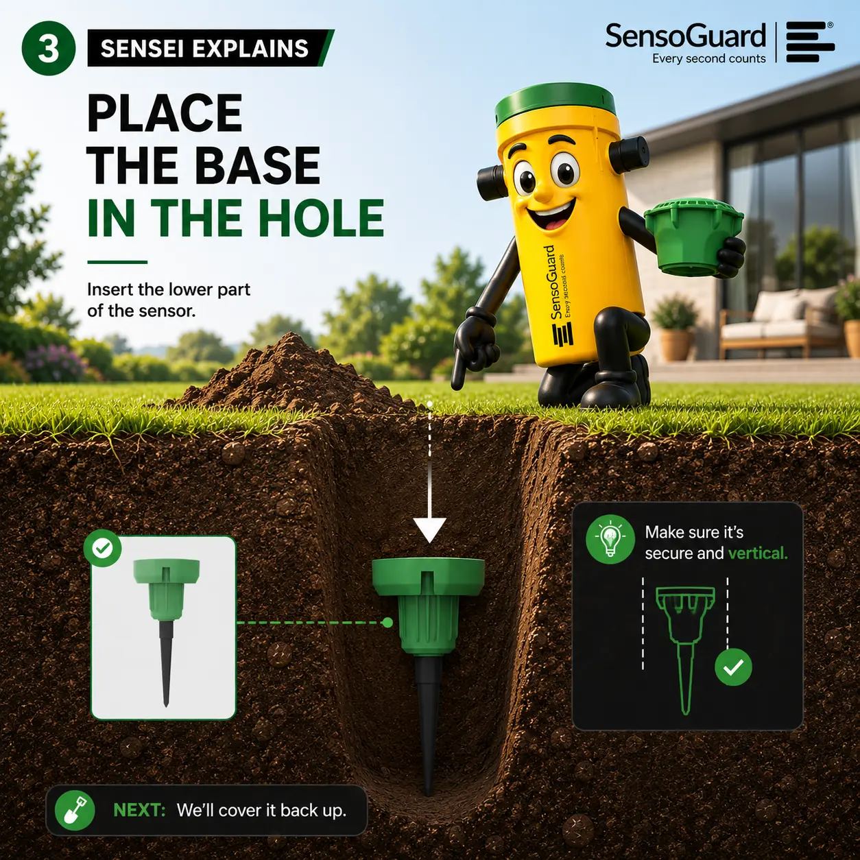 Sensei slide: Place the base in the hole, showing the sensor's lower part with its ground spike inserted vertically