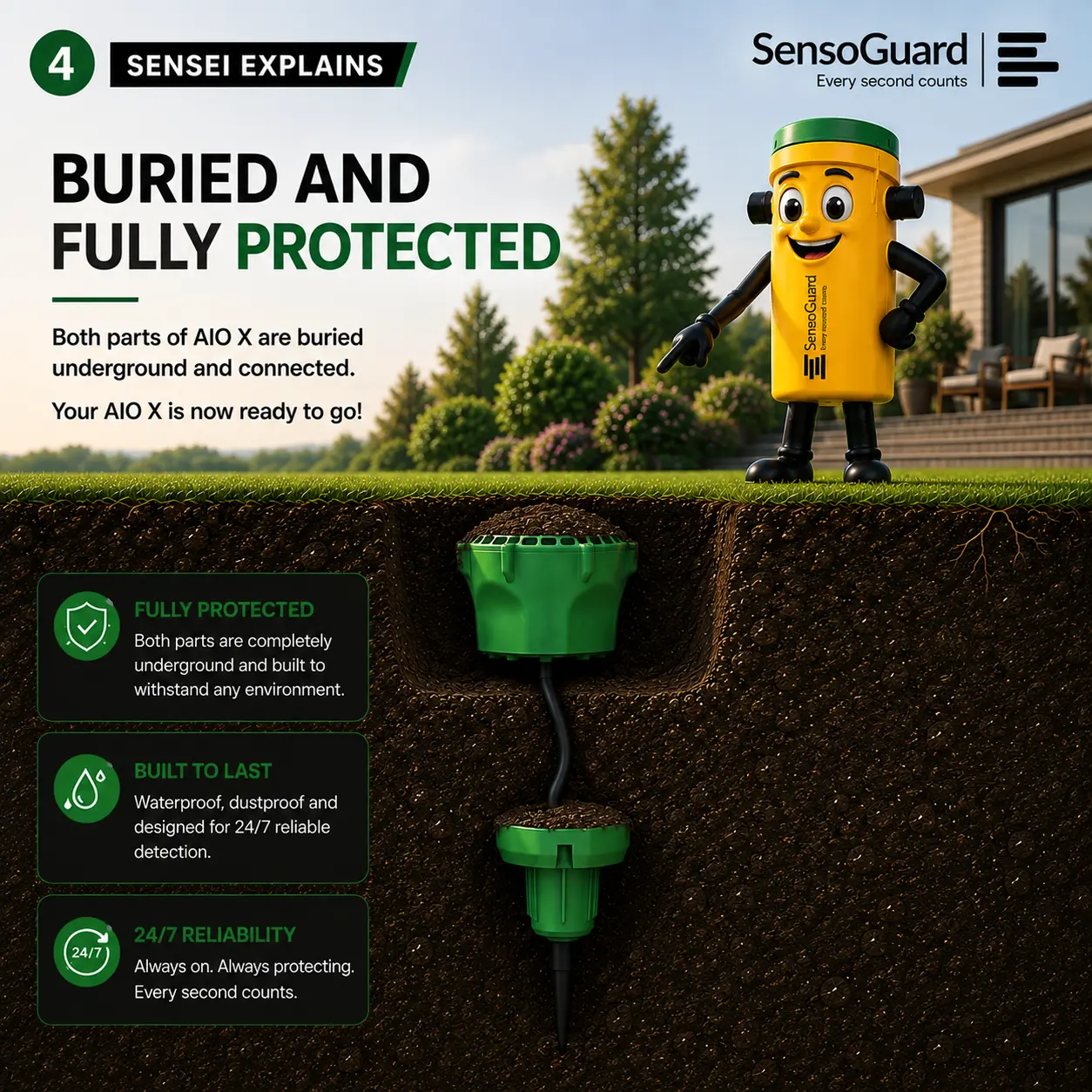 Sensei slide: Buried and fully protected, showing both parts of the AIO X connected underground