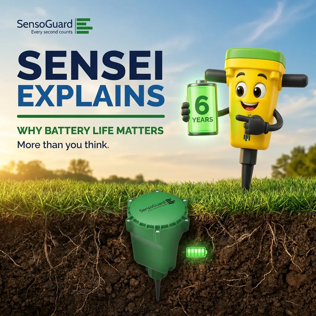 Sensei, the SensoGuard mascot, holding a glowing 6-year battery above a buried AIO X sensor