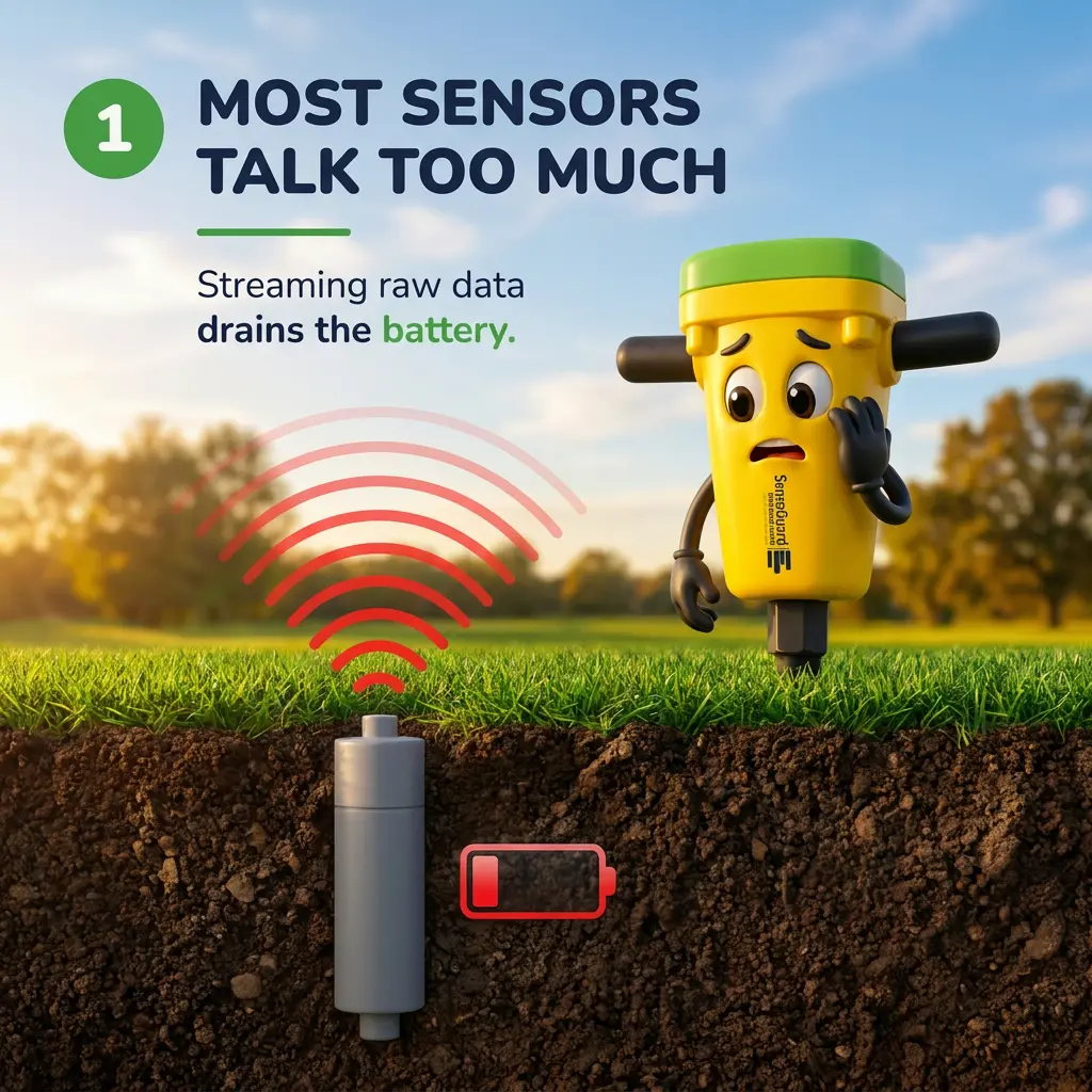 Sensei slide: Most Sensors Talk Too Much, showing a generic buried sensor streaming constant radio signals and draining its battery