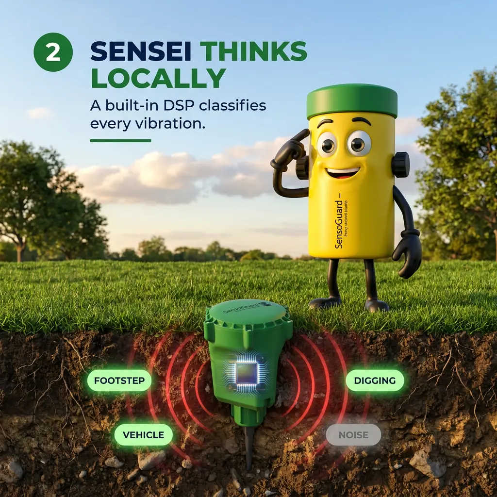 Sensei slide: Sensei Thinks Locally, showing the onboard DSP classifying vibrations as footstep, vehicle, digging, or noise