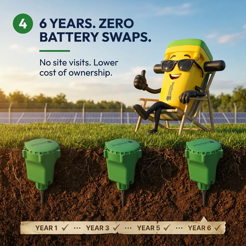 Sensei slide: 6 Years, Zero Battery Swaps, showing Sensei relaxing at a solar farm above three buried sensors