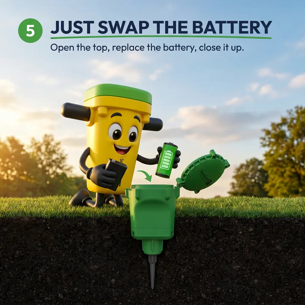 Sensei slide: Just Swap the Battery, showing Sensei opening the top of the AIO X sensor and replacing the battery