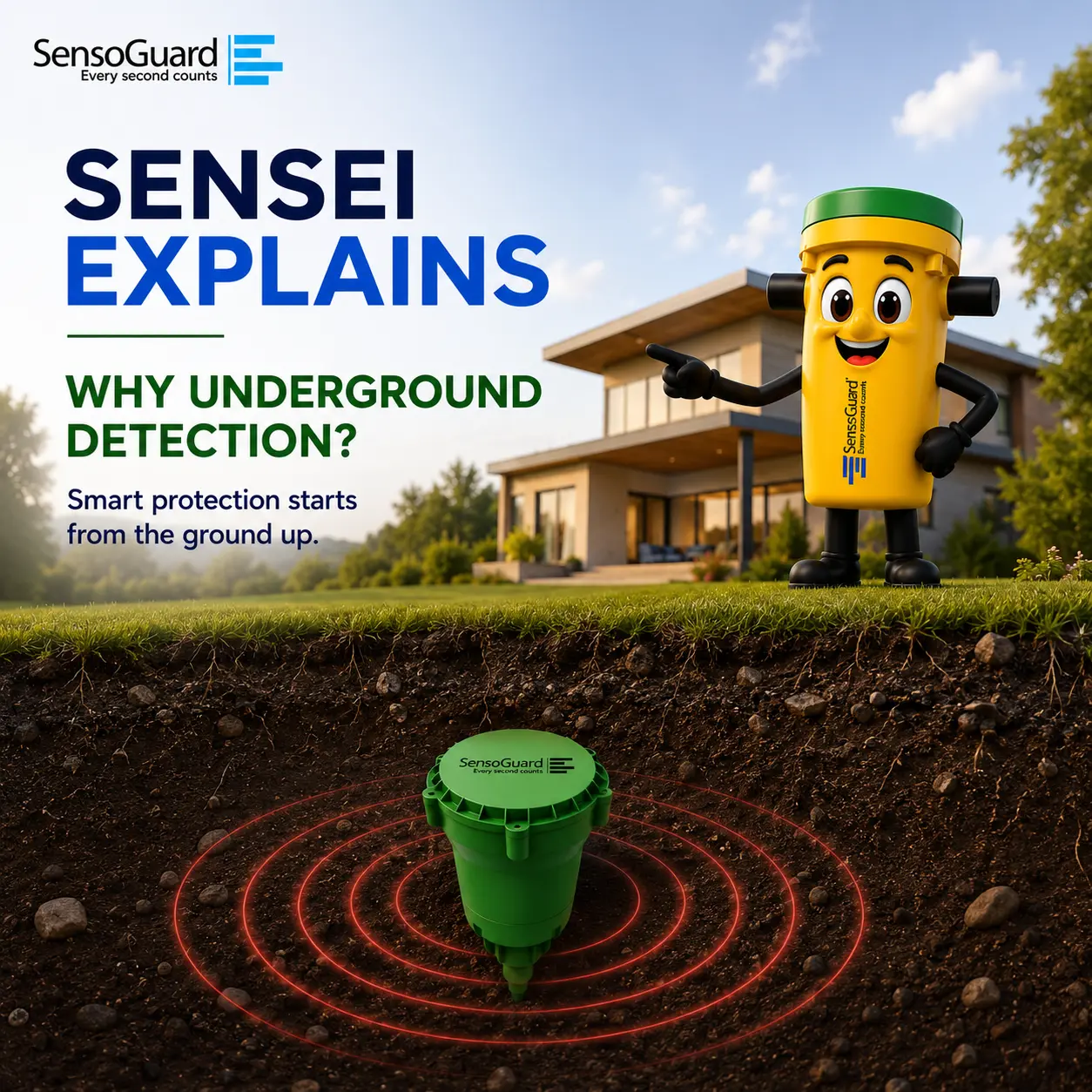Sensei, the SensoGuard mascot, next to a house with a buried seismic sensor shown underground
