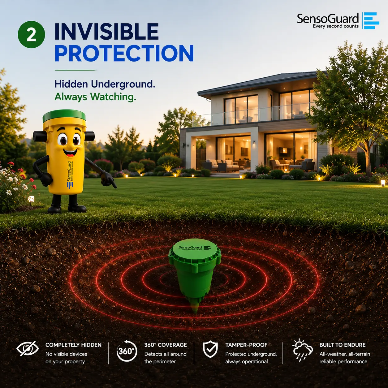 Sensei slide: Invisible Protection, showing a buried sensor with 360-degree coverage under a lawn