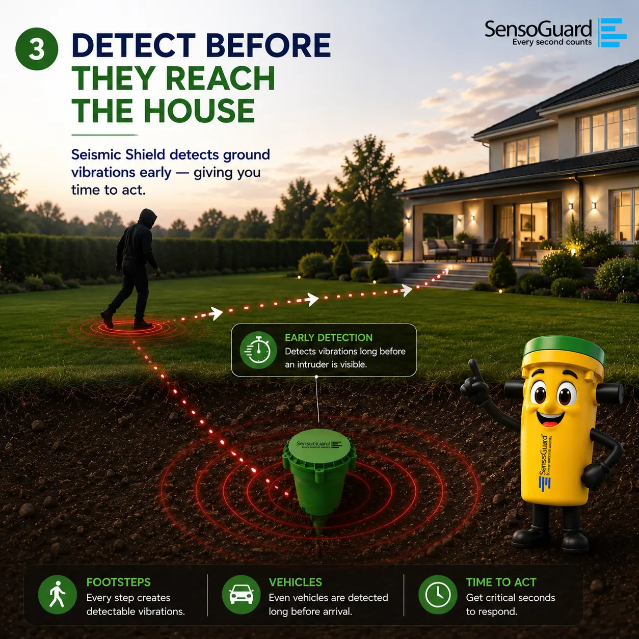 Sensei slide: Detect Before They Reach the House, showing an intruder's footsteps triggering ground vibrations before reaching the property