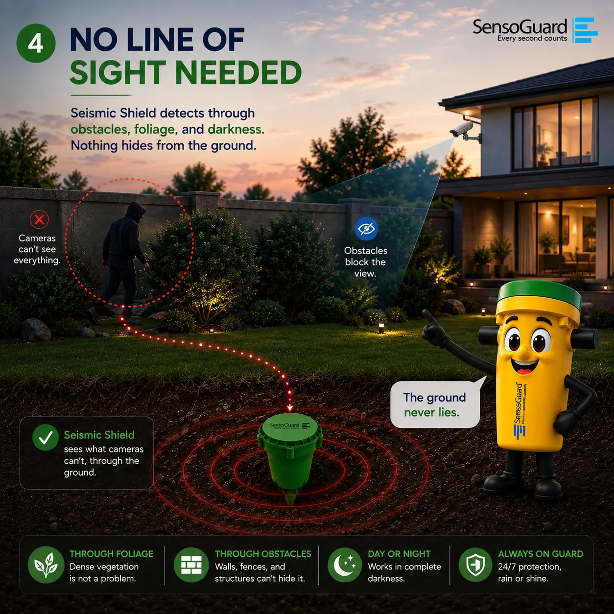 Sensei slide: No Line of Sight Needed, showing underground detection working through obstacles, foliage, and darkness where cameras can't see