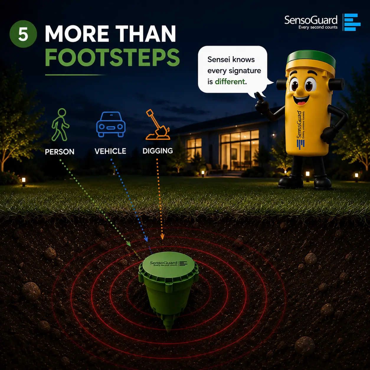 Sensei slide: More Than Footsteps, showing distinct signatures for person, vehicle, and digging detection