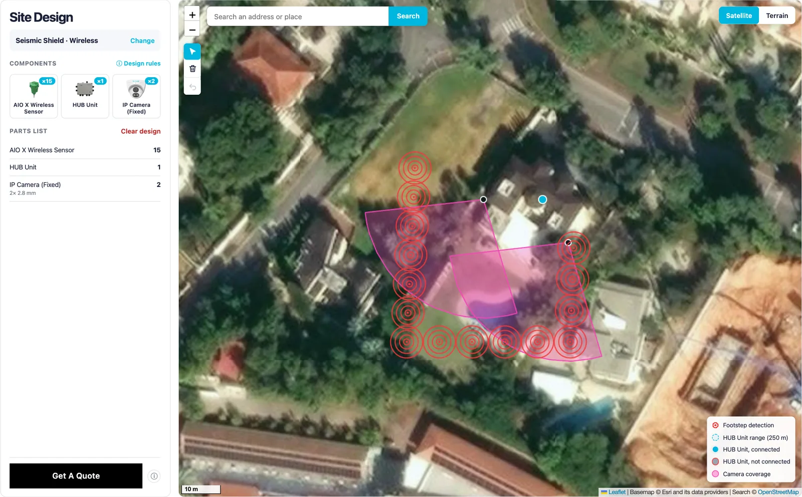 Site Design layout of a villa garden with AIO X wireless sensors along the garden edge, a HUB unit, and two fixed cameras covering the lawn and pool