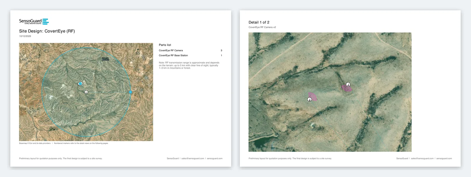 Two pages of a Site Design PDF: an overview page with the site map, numbered markers, and parts list, and a close-up page showing two CovertEye RF cameras