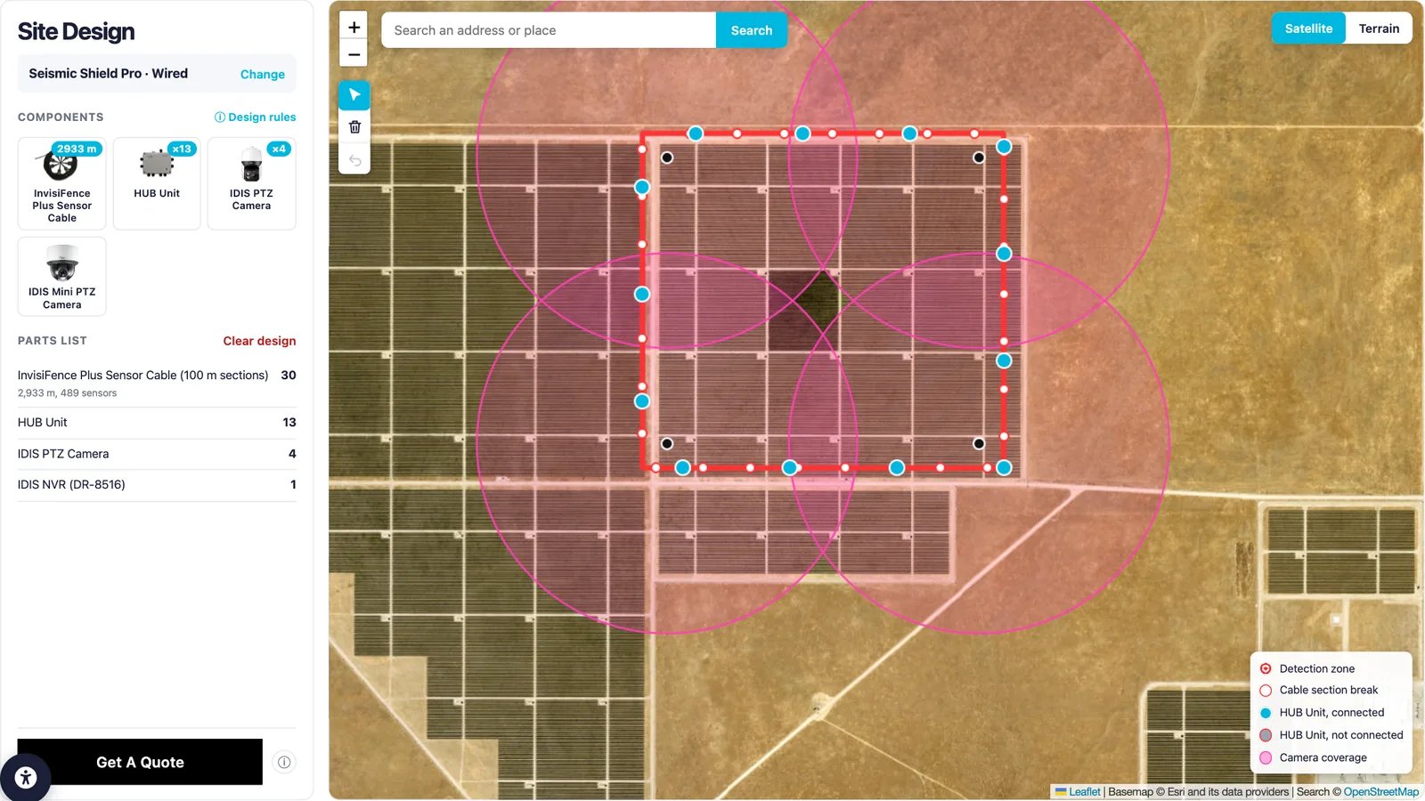 SensoGuard Site Design tool showing a Seismic Shield Pro perimeter around a solar farm on a satellite map, with the parts list in the side panel