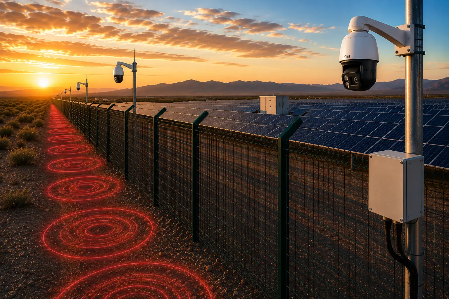 Solar farm perimeter fence at sunset with a PTZ camera and buried seismic sensor detection zones along the ground