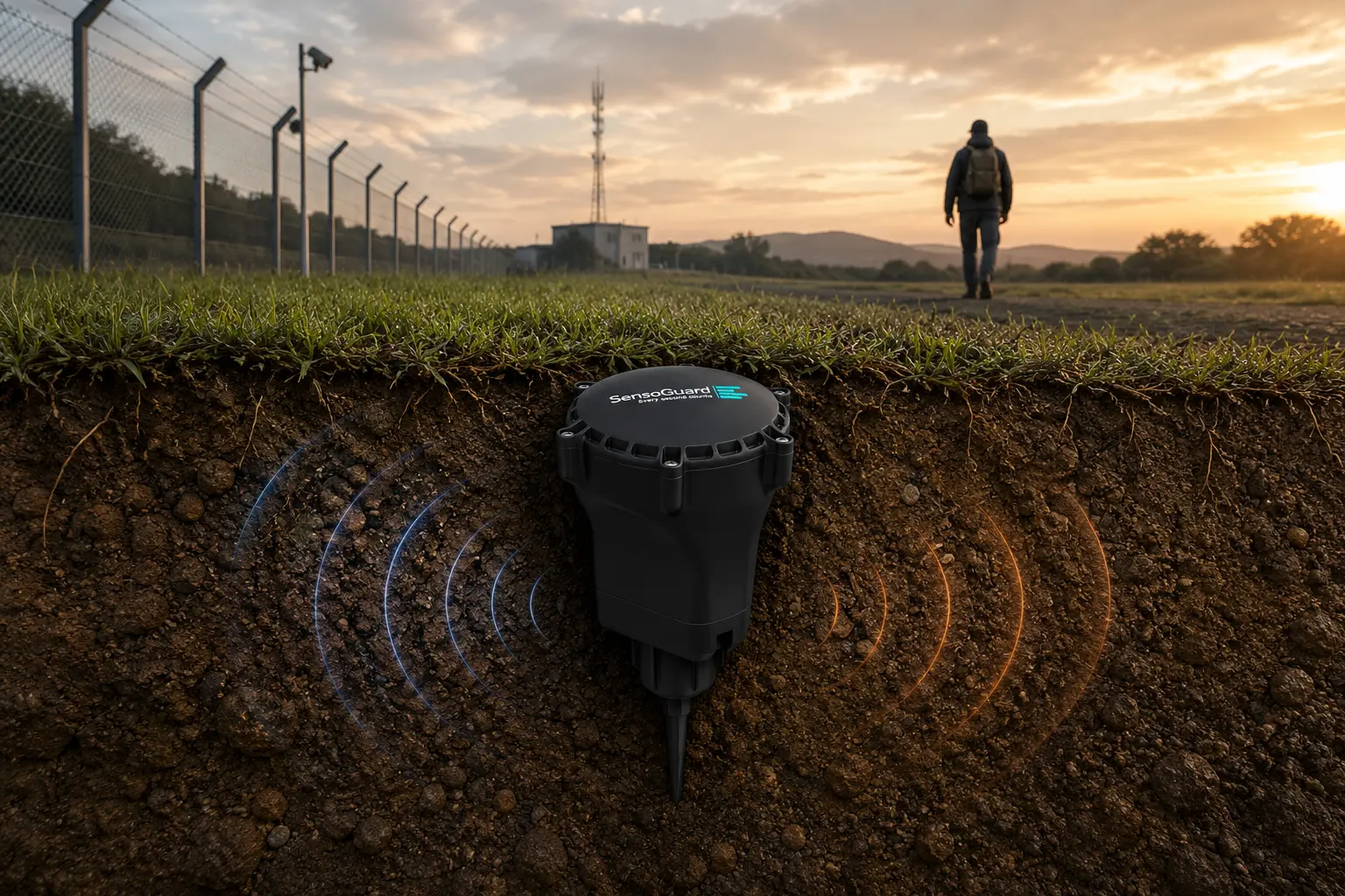 Cross-section of a buried seismic sensor detecting ground vibration