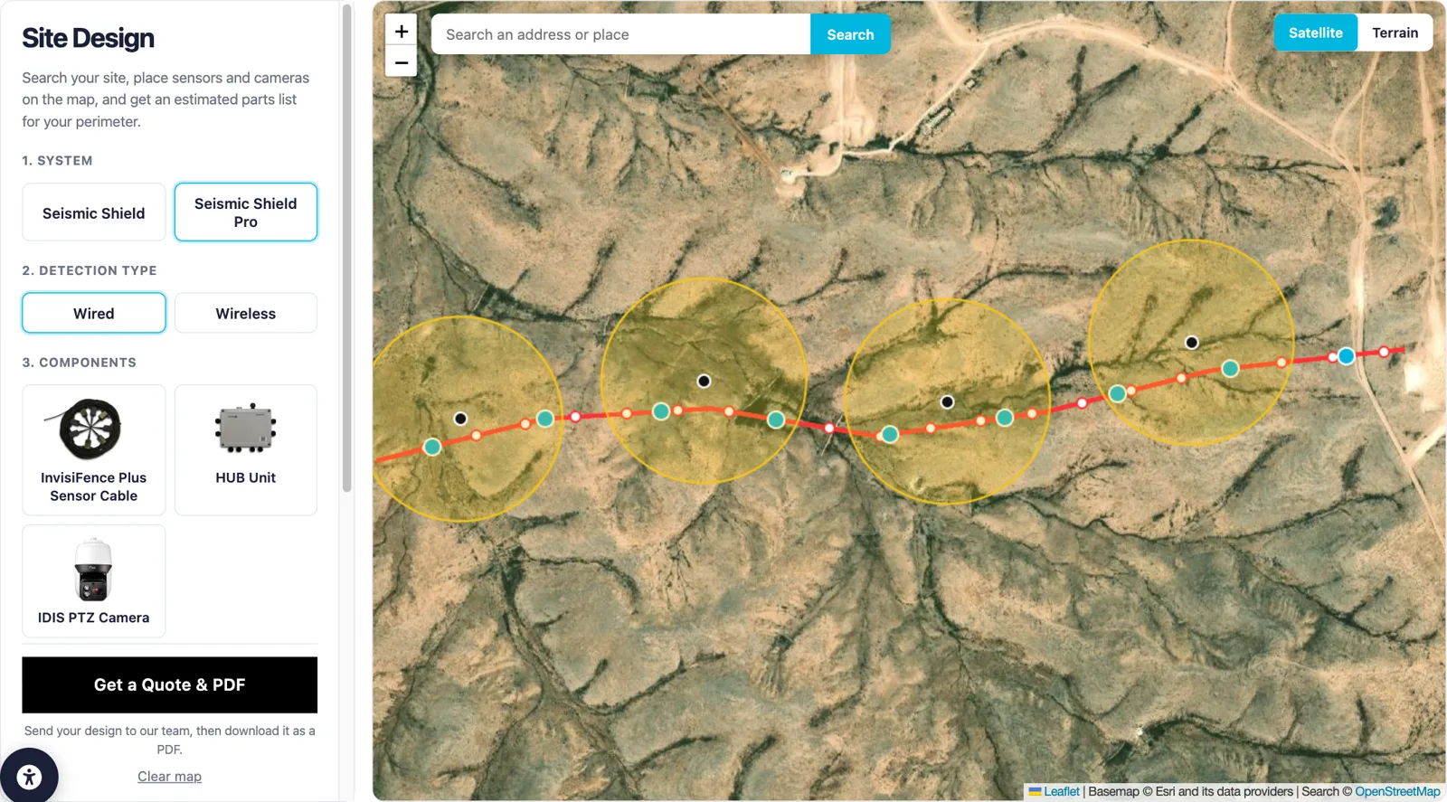 Site Design tool showing a long border line across open terrain with sensor cable, HUB Units and PTZ cameras on a satellite map