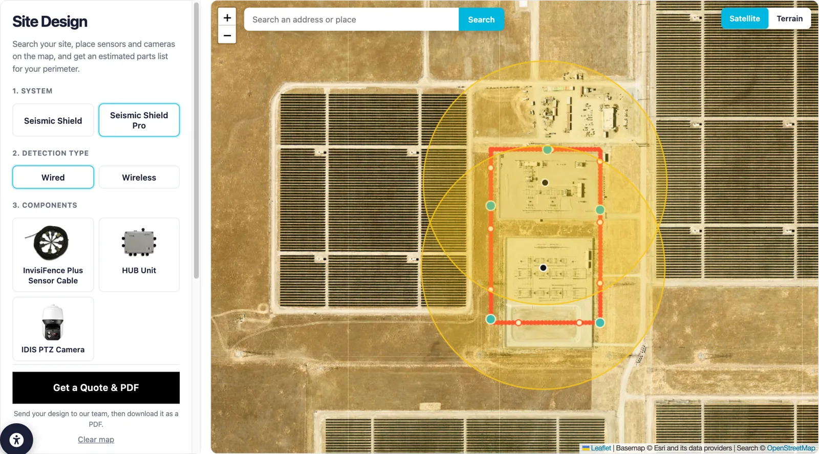 Site Design tool showing an industrial compound perimeter with sensor cable, HUB Units and PTZ camera coverage on a satellite map