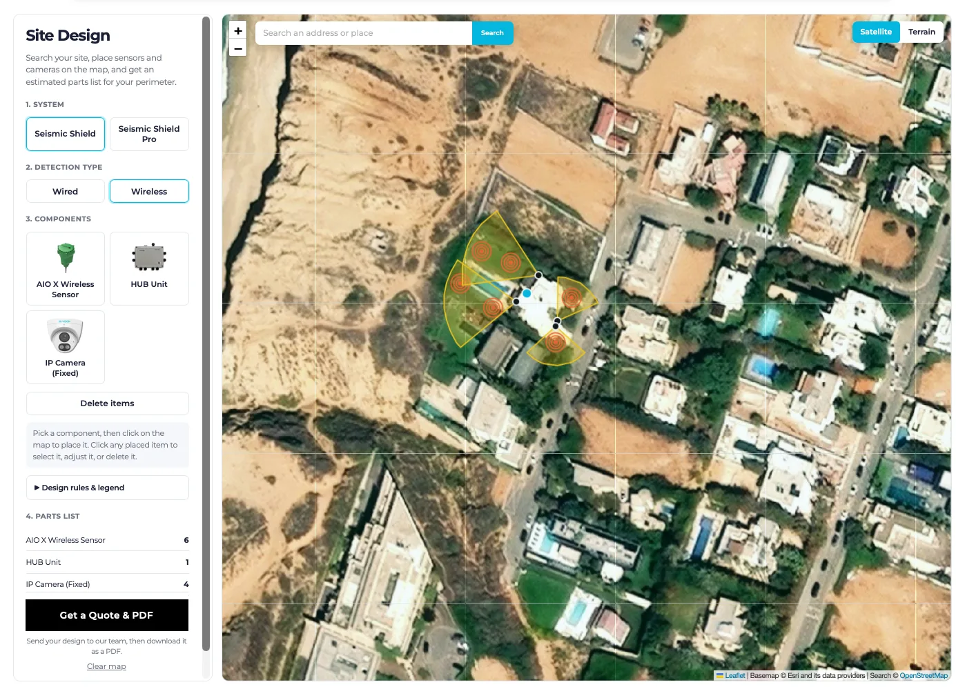 Site Design tool showing a home garden with wireless sensors and fixed camera coverage on a satellite map