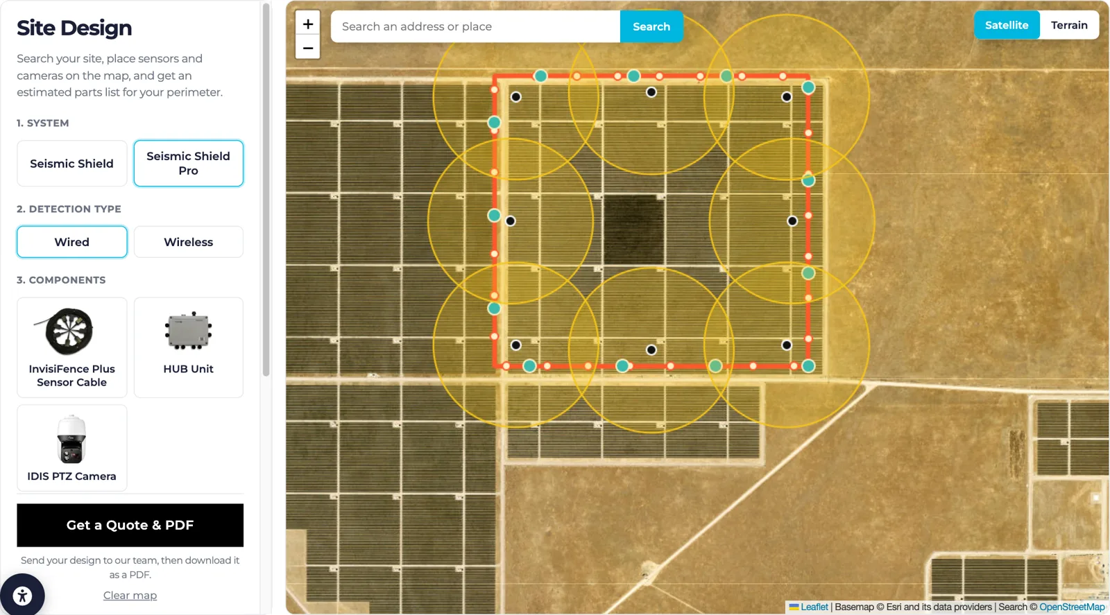 Site Design tool showing a solar farm perimeter with sensor cable, HUB Units and PTZ camera coverage on a satellite map